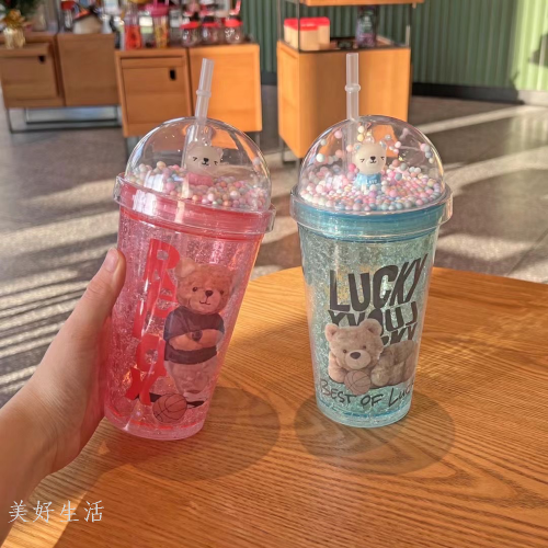 new hot sale double-layer cartoon bear plastic straw cool drinks cup foreign trade export amazon online hot cup