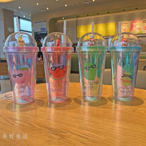 new laser fruit double-layer plastic cup personality fashion foreign trade export low price hot selling cup