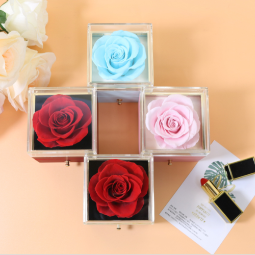 2022新款跨境玫瑰花项链盒 亚克力永生花真花首饰盒 戒指耳环礼盒