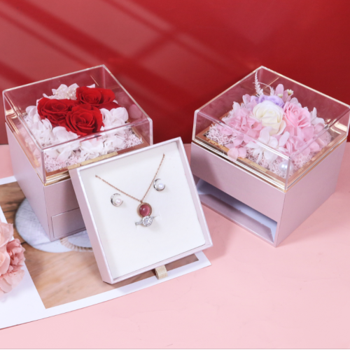 2022圣诞永生玫瑰花礼盒亚克力真花首饰盒创意玫瑰花项链盒戒指盒