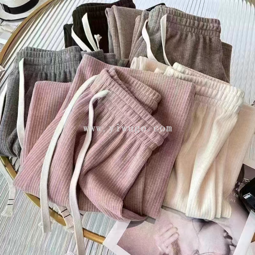 Cashmere-like Solid Color Towel Pants Straight Mopping Pants Casual Pants Women‘s Spring New Wide-Leg Pants British Elastic Band