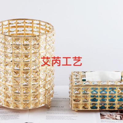 Light Luxury Crystal Tissue Box Garbage Cans Set Model Room Living Room Coffee Table Household Minimalist Creative Storage Tissue Box
