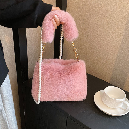 autumn and winter new plush bag women‘s fresh sweet style underarm fur bag korean style shoulder pearl chain messenger bag