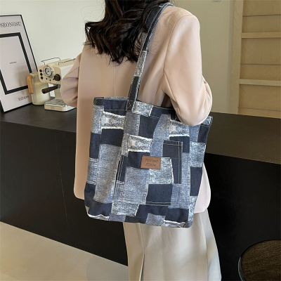 2024 Simple Denim Tote Bag Women's Large Capacity Casual Shoulder Bag Commuter Work Handbag Large Plaid Cloth Bag