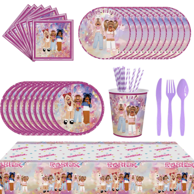 Party cutlery Paper cup Paper plate Party knife fork spoon tablecloth Cartoon cute girl party supplies