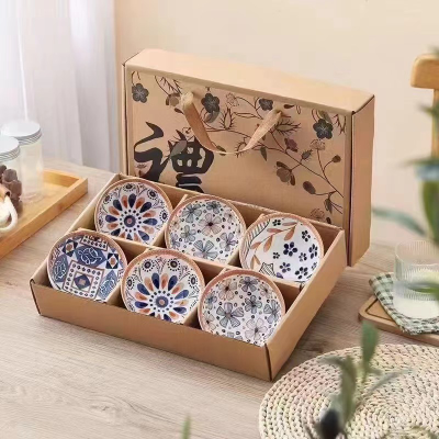 Ceramic Rattan Series Gift Set 6 Bowls 6 Chopsticks Set