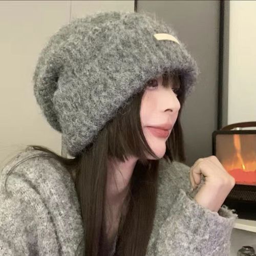 with wool autumn and winter wool pile heap cap big head circumference versatile casual beanie hat warm hat couple knitted earflaps cap