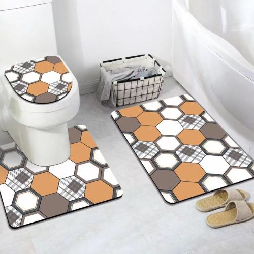 printed 3d toilet three-piece floor mat bathroom toilet cover u-shaped mat rectangular absorbent floor mat two-piece carpet