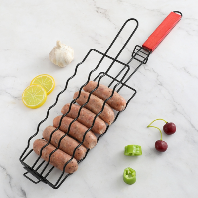 Outdoor Camping Carbon Steel Hot Dog Bbq Clamp Non-Stick Ham and Sausage Bbq Grill Grilled Basket Hotdog Bbq Basket