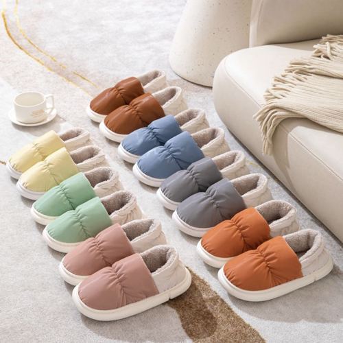 Autumn and Winter Solid Color Waterproof Cloth Home Warm Keeping Heel Cover Cotton Slippers Men and Women Couple Indoor Home Slip-Resistant Cotton Shoes Mn