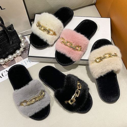 cross-border autumn and winter new plush slippers women‘s fashion warm large fur metal chain flat heel slippers foreign trade