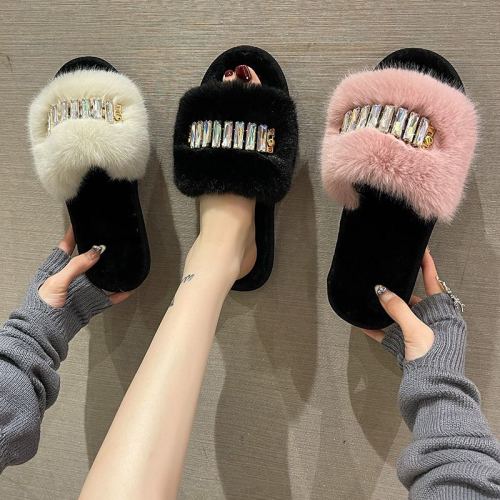 cross-border new color chain home plush slippers women‘s fashion warm large fur rhinestone flat heel slippers foreign trade