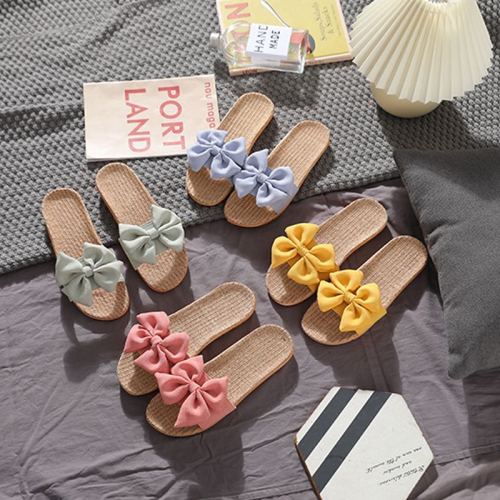Factory Wholesale Summer Chiffon Breathable Linen Slippers Women Flower Bow Ins Girly Style Student Slippers M