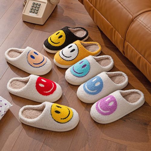 New Towel Embroidery Korean Style Autumn and Winter Men and Women Indoor Home Wooden Floor TPR Sole Thickened Smiley Face Cotton Slippers