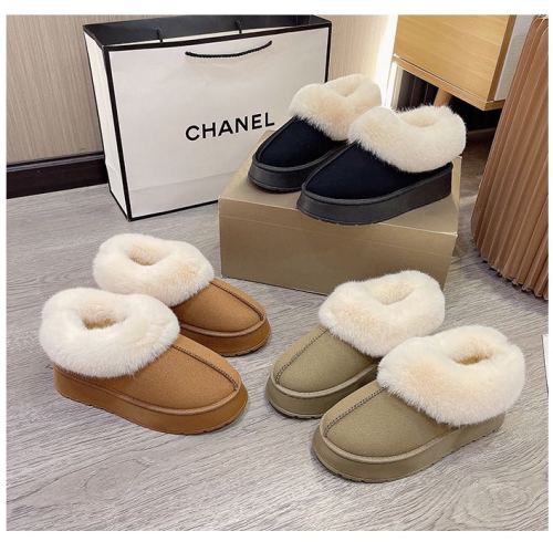 women‘s fur mouth snow boots 2023 winter new korean style thick bottom short thickened slip-on lazy lightweight cotton shoes