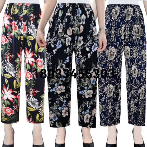 factory direct summer cool ice silk women‘s pants ice silk women‘s flower pants cropped flower pants middle-aged and elderly casual women‘s pants