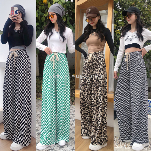 summer air conditioning cool pants high waist drawstring ice silk printed mopping casual pants plaid wide leg pants pants female wholesale