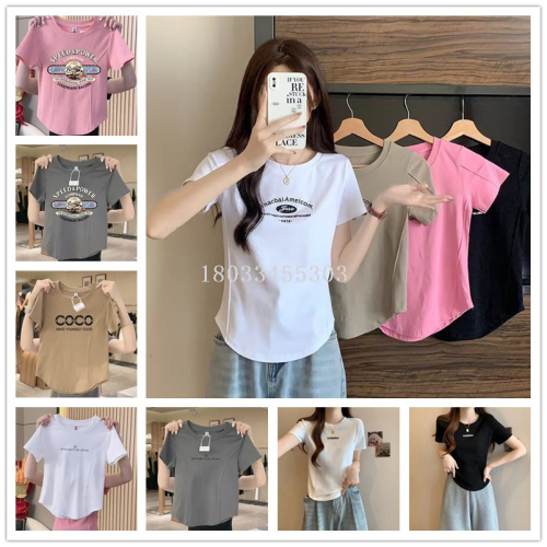 pure style round neck curved hem short-sleeved t-shirt for women summer new slim fit irregular top with cotton short trendy