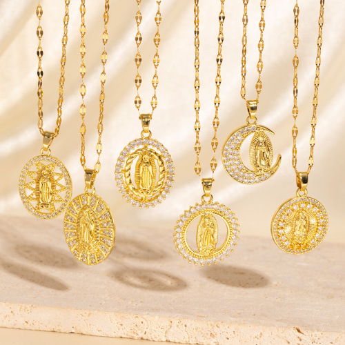 amazon cross-border copper zircon electroplated real gold oval virgin mary necklace fashion high sense ornament women