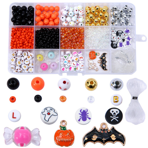 Cross-Border Hot Selling 15 Grid Beaded Bead Halloween Ornaments Set DIY Bracelet Necklace Accessories Factory Price Direct Sales