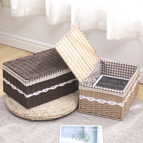 家用编织防尘收纳箱 柳编带盖布艺收纳盒 玩具内衣零食置物收纳筐