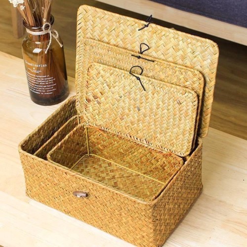 yo草编收纳箱竹编礼盒带盖桌面收纳筐海草伴手礼藤编篮子日式收纳