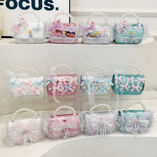 儿童包新款女孩珍珠手提包菱格蕾丝蝴蝶结女童单肩包零钱斜挎包潮