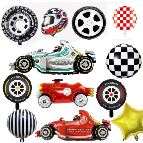 新款18寸圆形方格条纹铝膜气球 圆形赛车轮胎主题派对气球批发