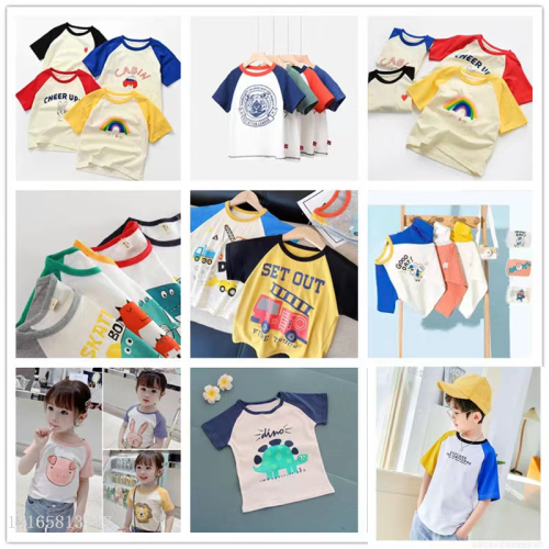 2024 new children t-shirt color matching short sleeve summer round neck foreign trade children‘s wear t-shirt supply medium and large children‘s clothing wholesale