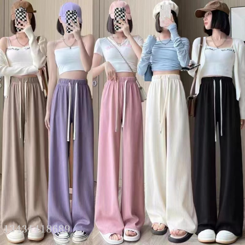 Summer Hot Style Women‘s Wide Leg Pants Foreign Trade Straight Loose Version Hong Kong Style Pants Casual Elastic Waist Women‘s Wide Leg Pants 