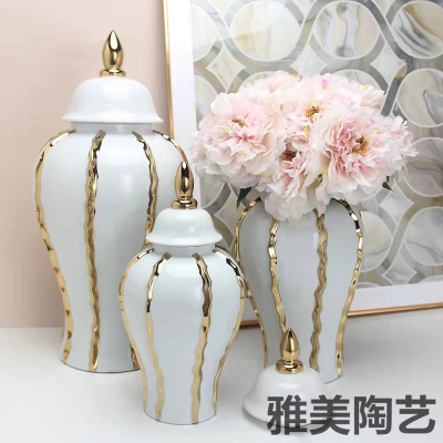 European-Style Ceramic Stripe Temple Jar Decoration Light Luxury Electroplating Golden Edge Decoration Decoration