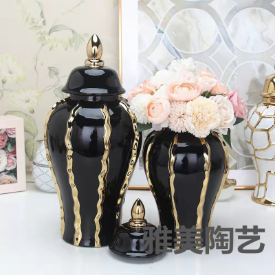 European-Style Simple Ceramic Black Gold Pattern Temple Jar Decoration Home Light Luxury Golden TV Cabinet Hallway Decorations