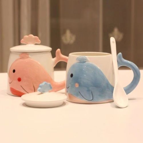 cartoon whale cup mug creative cute ceramic cup with cover spoon personalized water cup couple‘s cups breakfast cup