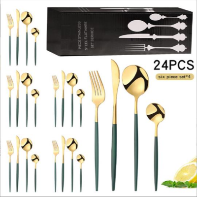 Cross-Border Amazon Stainless Steel Tableware Portuguese Gold Painted Steak Knife, Fork and Spoon Tea Spoon 24Piece Set 