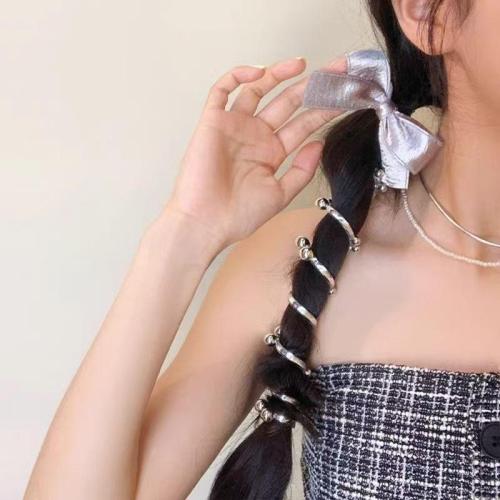 甜酷风银色蝴蝶结电话线发圈女高级感韩系泡泡辫编发皮筋头绳发饰