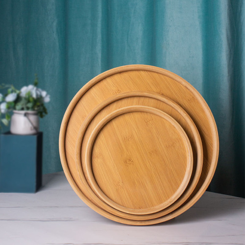 现代简约竹制圆形托盘家用水果点心零食托盘烧烤盘茶楼茶杯盘批发
