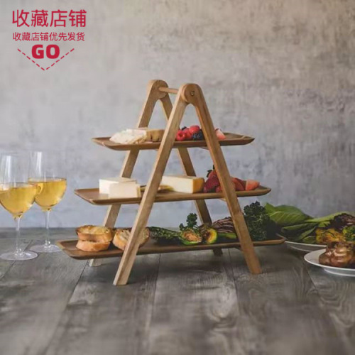 木质托盘收纳架三层桐木相思木火锅店上菜托盘可折叠木质食物收纳