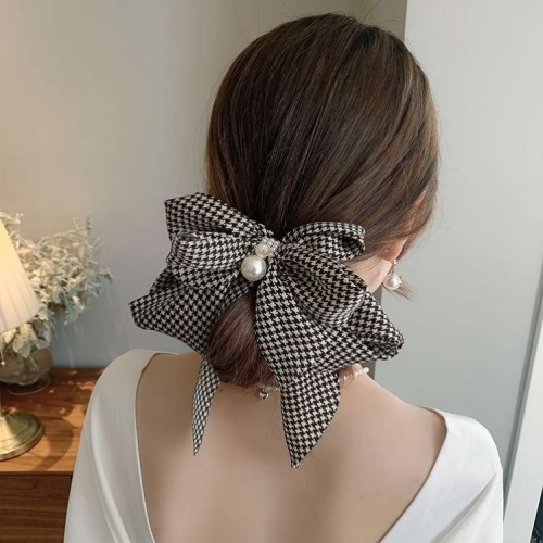 korean retro houndstooth big bow hairpin elegant flower back head clip spring clip braided clip female hair accessories