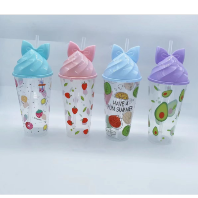 Plastic Cup with Straw Children's Cartoon Drink Cup Printing Cup Juice Cup