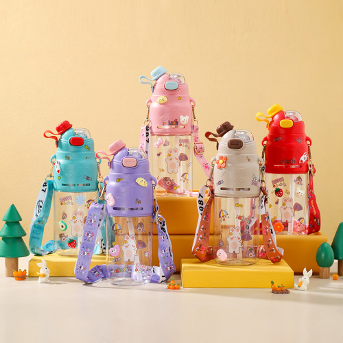 新款双饮弹跳旋转盖学生1000ml可背绳塑料高颜值厂家直销太空杯