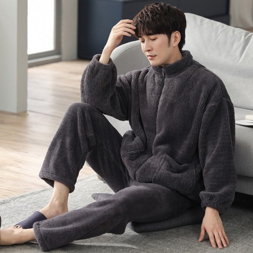 睡衣男士秋冬季珊瑚绒加绒加厚保暖连帽法兰绒宽松大码家居服套装