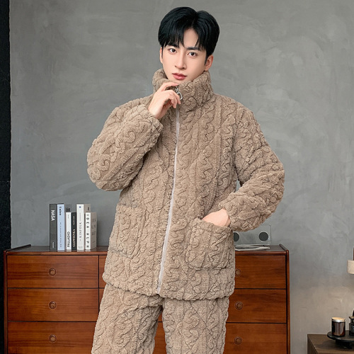 冬季睡衣男珊瑚绒三层夹棉袄加绒加厚保暖简约睡衣可外穿家居服