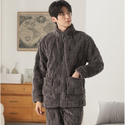 轻运动风法兰绒睡衣男秋冬季保暖加绒珊瑚绒可外穿男士家居服套装