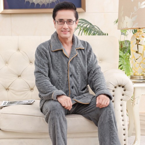睡衣男士冬季翻领法兰绒长袖新款大码简约父亲家居服爷爷套装