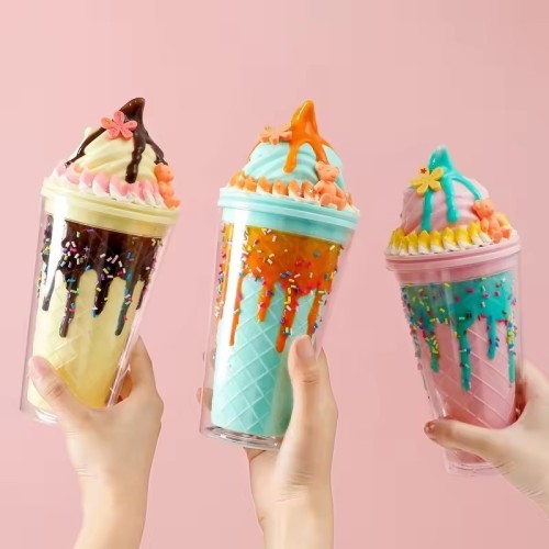 来图可定印LOGO450ML双层塑料仿真蛋糕雪糕吸管杯