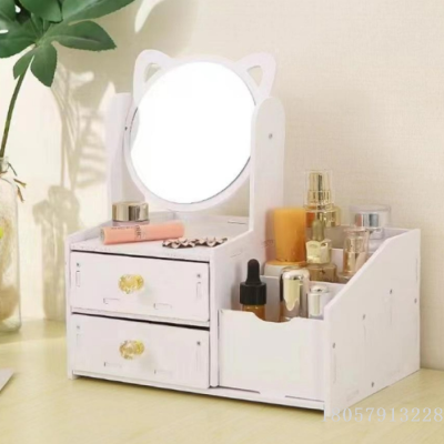 Double-Layer Wooden Makeup Mirror Portable Girl Cyber Celebrity Style Desktop Student Dormitory Simple with Storage Box