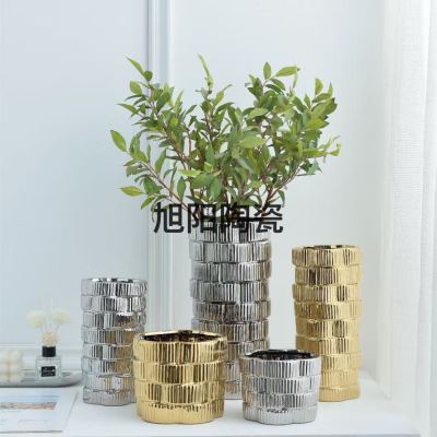 Light Luxury Gold and Silver Color Electroplated Ceramic Vase Flower Home Crafts Artwork Decoration Early Moon Soft Furnishings