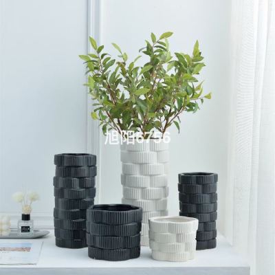 Simple Luxury New Chinese Style Black and White Modern Ceramic Vase Flower Decoration Soft Home Decoration Three-Piece Set Sextic Surface Vase