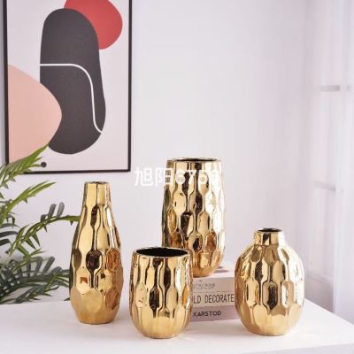 INS Style Simple Modern Light Luxury Nordic Gold Plated Silver Geometric Ceramic Vase Flower Yuanshan Decorative Ornaments