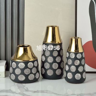 Simple Modern Light Luxury White Black Gold Plating Ceramic Vase Flower Domestic Ornaments Three-Piece Set Prepared Salt